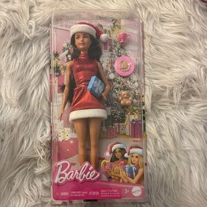 Barbie Red Metallic Holiday Dress with White Trim and Blue Gift